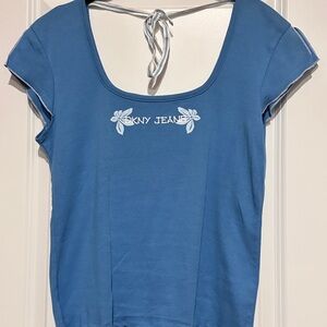 Vintage Dkny Blue Scoop Neck Short Sleeve Tee with Floral Logo